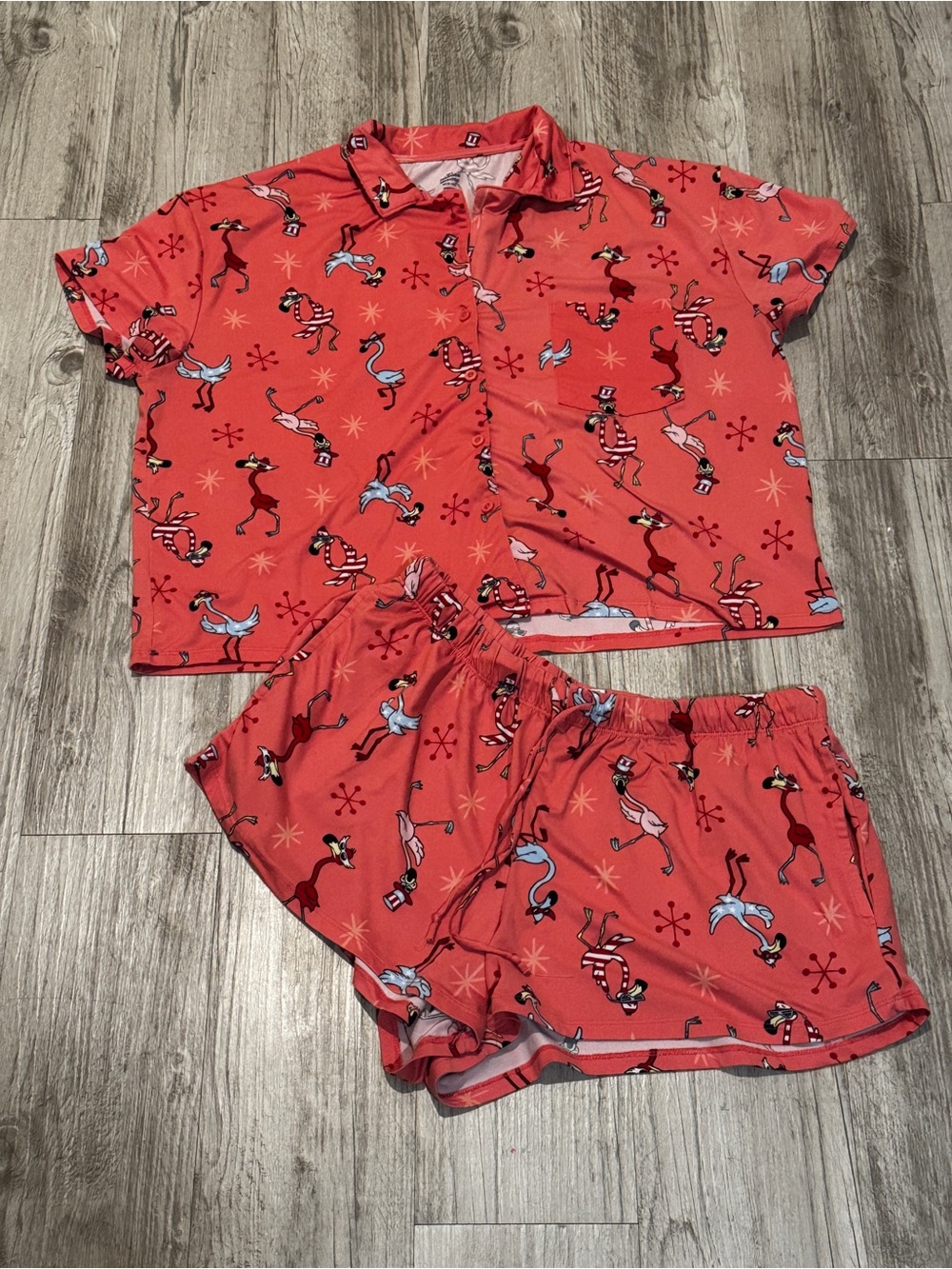 Coral Flamingo-Print Short Pajama Set for Women
